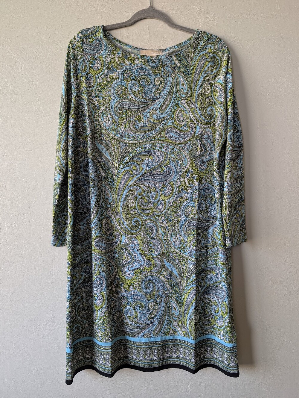 Michael Kors Stretch Spandex Green Paisley Boatneck Longsleeve Dress Size OX